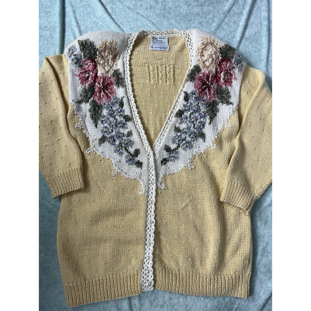 Vintage Maria Christina Classics Hand-Knit Yellow Floral Cardigan Sweater L